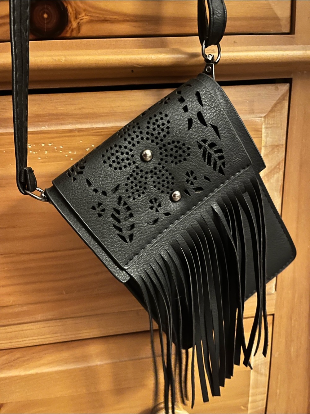 Black Fringe Crossbody Phone Bag with Laser-Cut Floral Detail